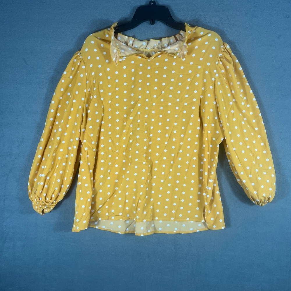 SHEIN CURVE Womens Blouse 1XL Yellow Polka Dot Relaxed Long Puff Sleeve Ruffle